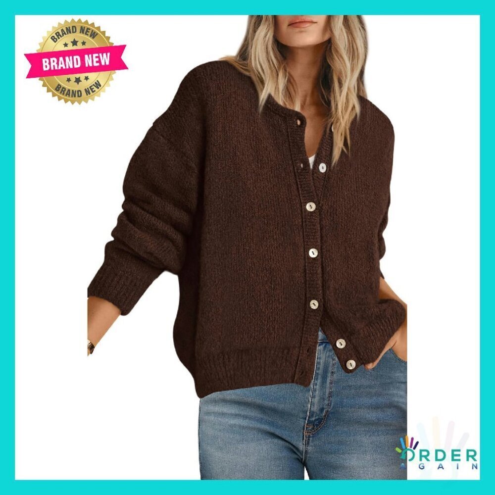 Long Sleeve Chunky Cardigan Open Front Crewneck Sweater Minimal Chic